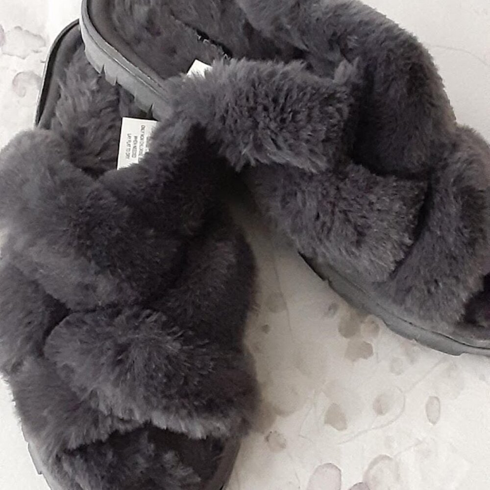 French Connection Grey Faux Fur Slippers 7/8